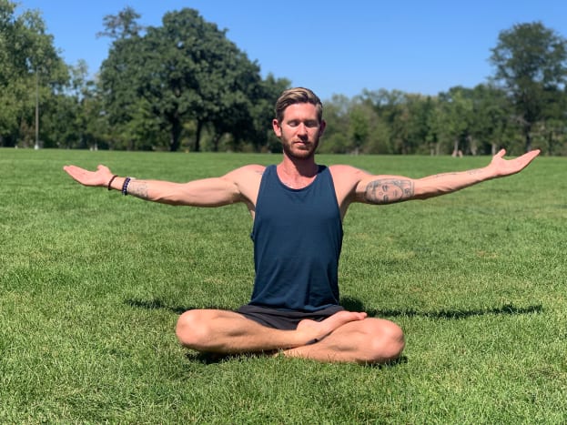 Sitting comfortably, bring your arms out to a T shape. Both palms face up. Eyes closed, focused at the brow point. Begin a powerful and steady breath of fire again. This helps to release emotion and anger from the body. Continue for 90 seconds to 3 minutes.&nbsp;
