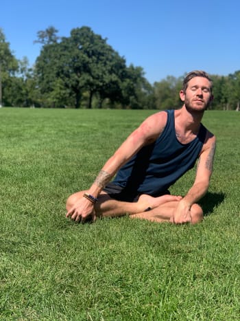 Exhale as you round the back, caving the chest. Rotate in a circular motion for one minute. Then begin to move counterclockwise. Keep your eyes closed and focused at the third eye point, between your brows. Breath Deeply. This is a great exercise for digestion.&nbsp;