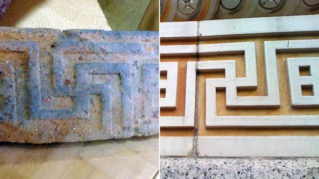 Left: Grecian architectural swastikas at the National Museum of the History of Ukraine. Right: Decoration on the Brooklyn Academy of Music