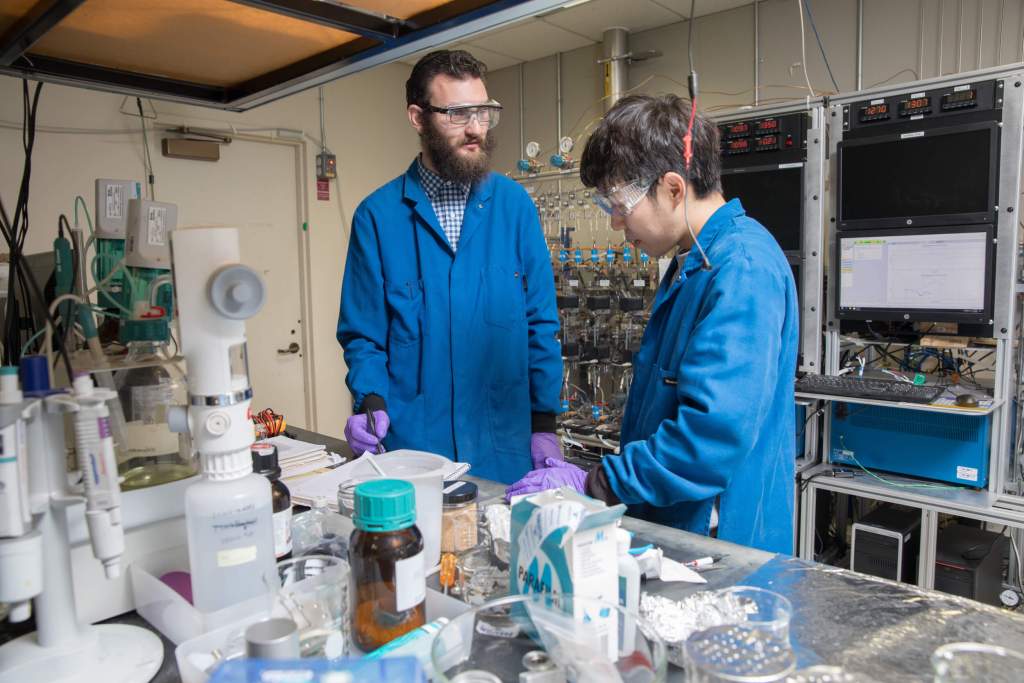 IBM researchers work in the IBM Research Battery Lab to combine and test unique materials and formulations for more sustainable battery technologies.