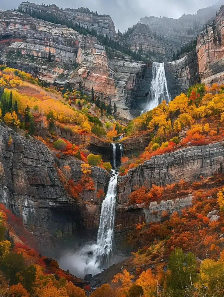 Bridal Veil Falls A spectacular waterfall in Utah's Provo Canyon of the Wasatch Mountains sporting it's autumn coat. United States -awaken
