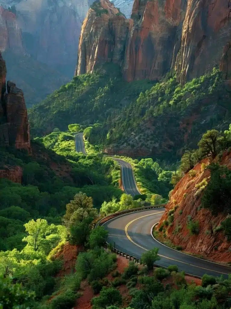 Experience the awe-inspiring views from Observation Point in Zion National Park, Utah, USA . The winding roads, lush greenery, and towering red cliffs create a dramatic and breathtaking landscape, perfect for hiking, photography, and nature exploration.-awaken