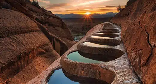 A hot spring pool with circular pools carved into the rocks of profiled sandstone in Arizona, at sunset-awaken