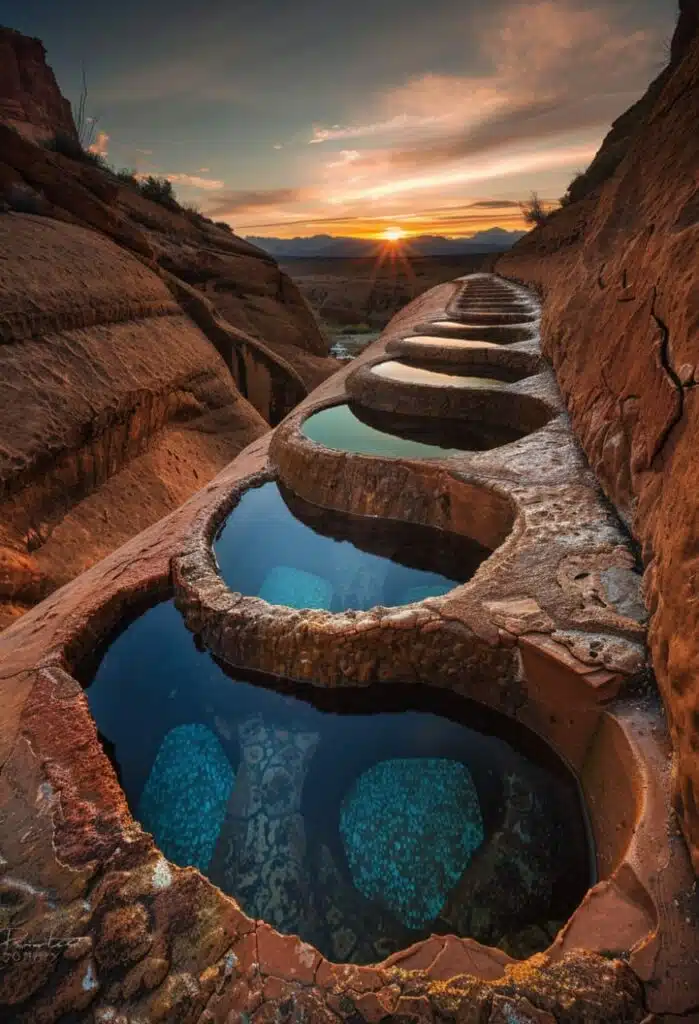 A hot spring pool with circular pools carved into the rocks of profiled sandstone in Arizona, at sunset-awaken