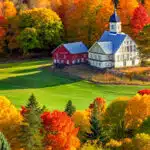 Colorful fall forest foliage in panoramic New England-awaken