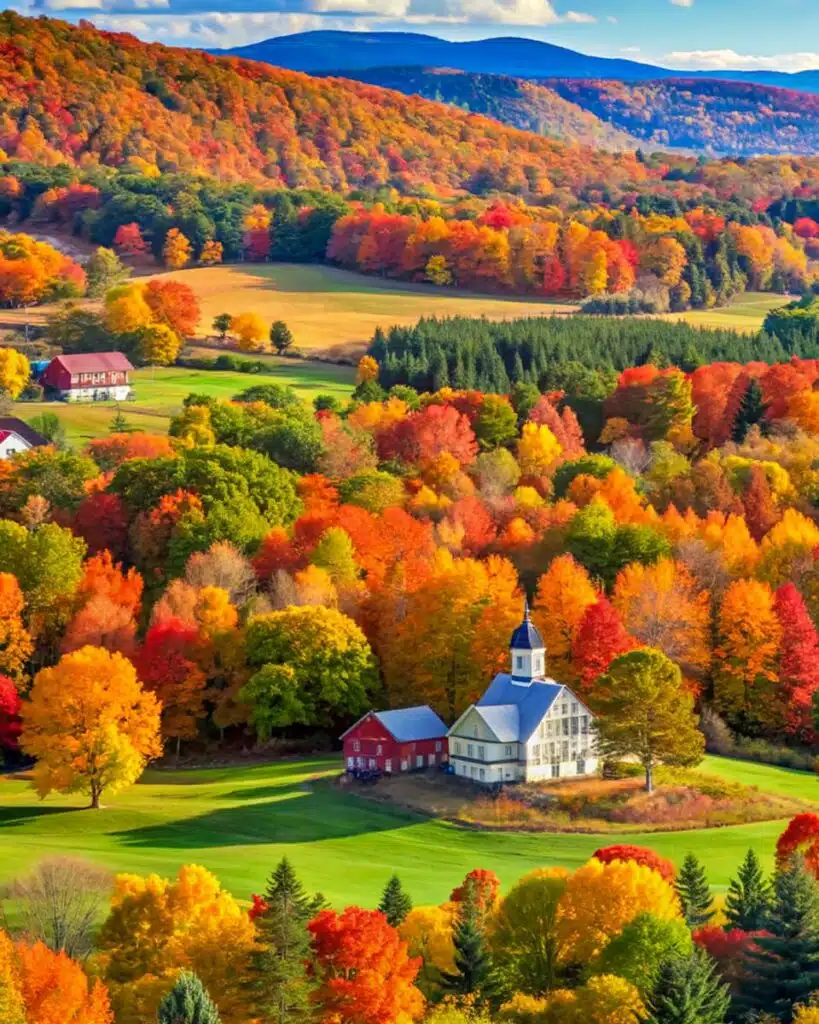 Colorful fall forest foliage in panoramic New England-awaken