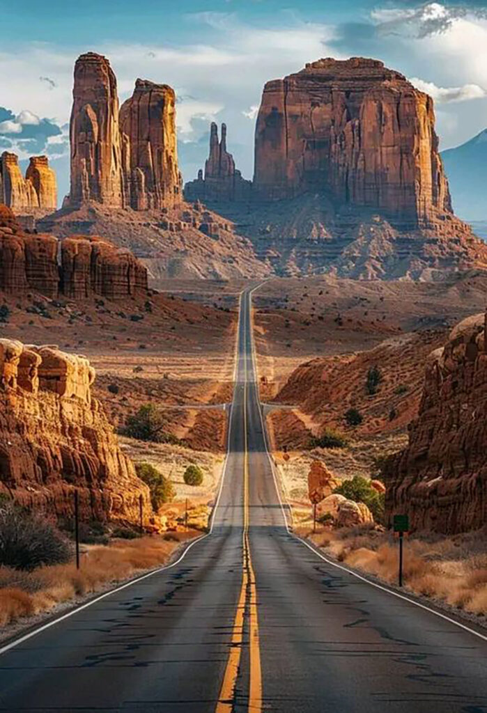 A scenic road in the Arizona desert leading to tall rock formations.-awaken