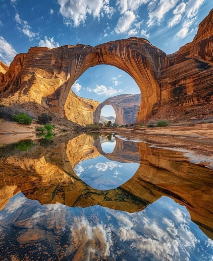 A stunning arch reflection in the crystal clear waters of rainbow bridge at arabian desert, Utah, United States-awaken