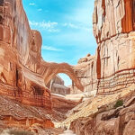The narrow passageway in Arches National Park, with towering rock formations and clear blue skies.-awaken
