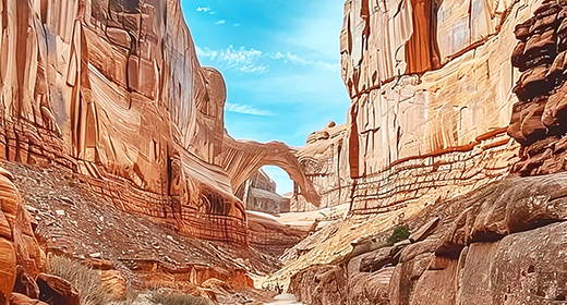 The narrow passageway in Arches National Park, with towering rock formations and clear blue skies.-awaken